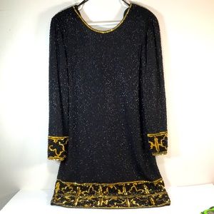 Hand beaded black and gold evening dress | Approximately Size 8 | 2lbs, Quality